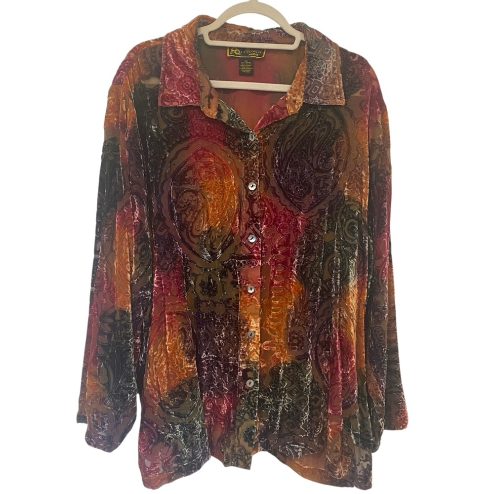 Mirasol Rich Plum Deep Red Cinnamon Velvet Paisley Floral Sheered Blouse Size 3X